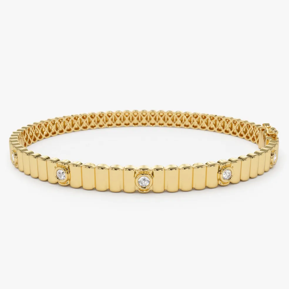 14k Gold Ribbed Diamond Bangle Bracelet