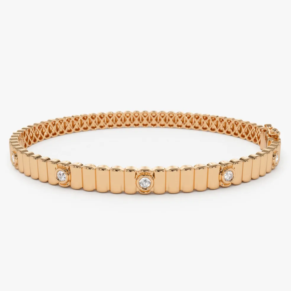 14k Gold Ribbed Diamond Bangle Bracelet
