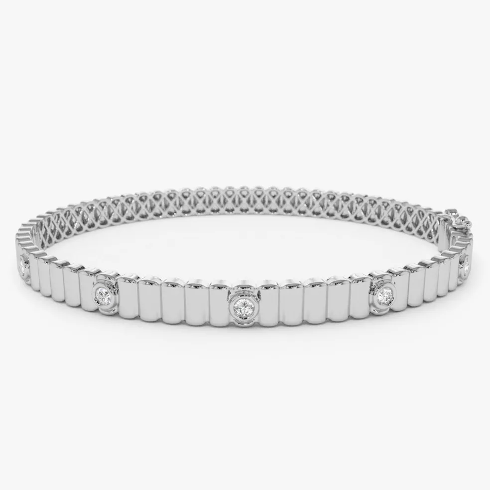 14k Gold Ribbed Diamond Bangle Bracelet