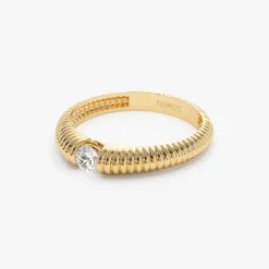 14k Gold Ribbed Gold Solitaire Diamond Ring