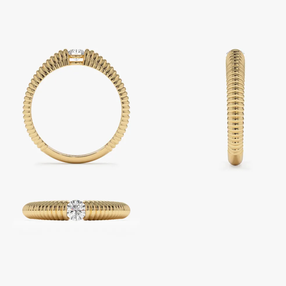 14k Gold Ribbed Gold Solitaire Diamond Ring