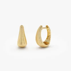 14k Gold Ribbed Teardrop Hoop Earrings
