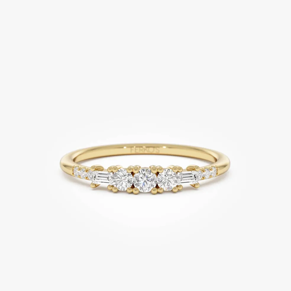 14K Gold Round & Baguette Diamond Accent Ring