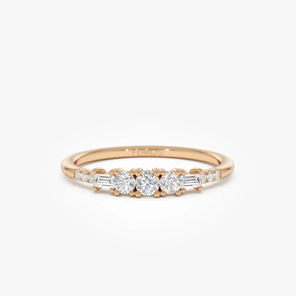 14K Gold Round & Baguette Diamond Accent Ring