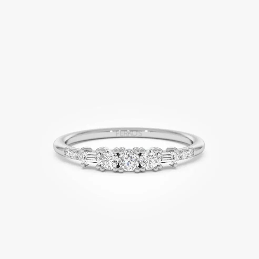 14K Gold Round & Baguette Diamond Accent Ring