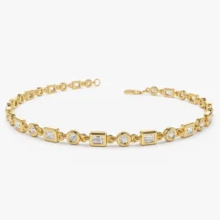14K Gold Round and Baguette Diamond Bracelet
