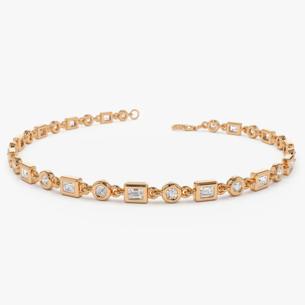 14K Gold Round and Baguette Diamond Bracelet