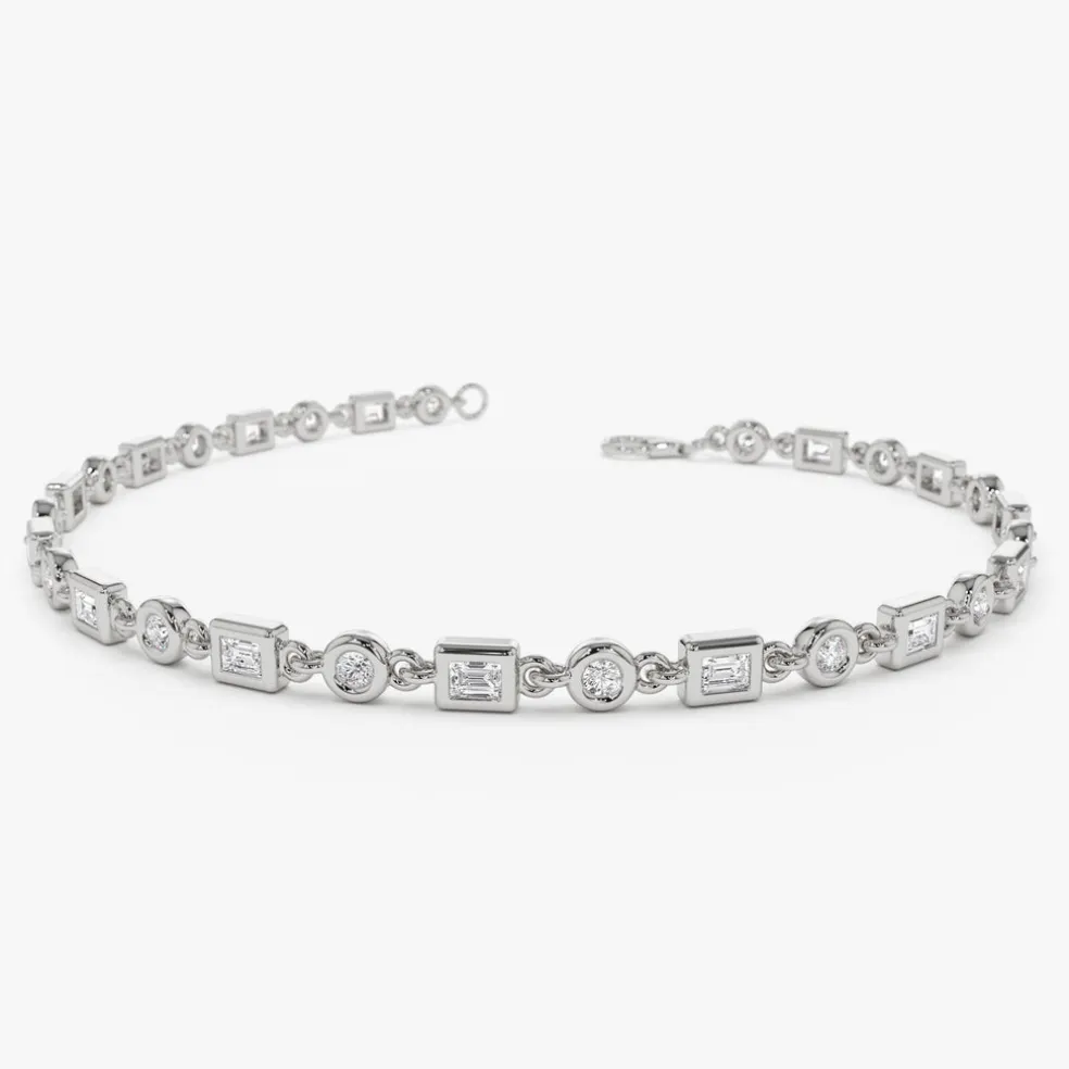 14K Gold Round and Baguette Diamond Bracelet