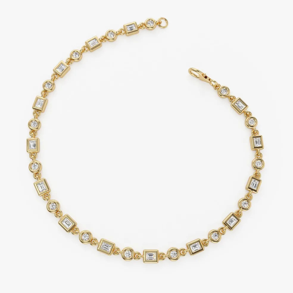 14K Gold Round and Baguette Diamond Bracelet