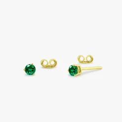 14K Gold Round Cut Emerald Stud Earrings