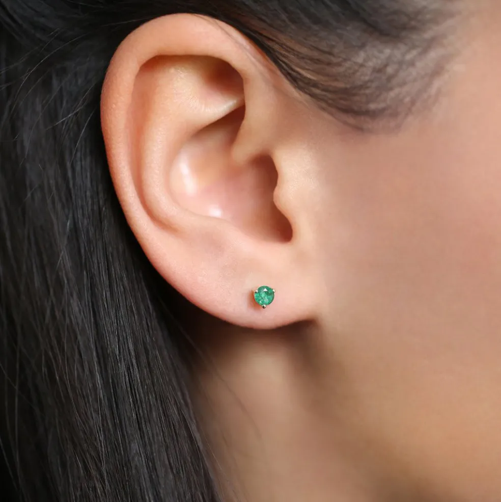 14K Gold Round Cut Emerald Stud Earrings