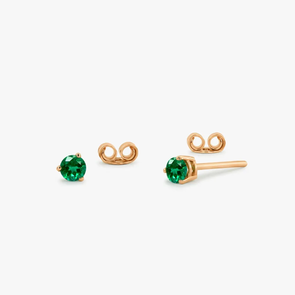 14K Gold Round Cut Emerald Stud Earrings