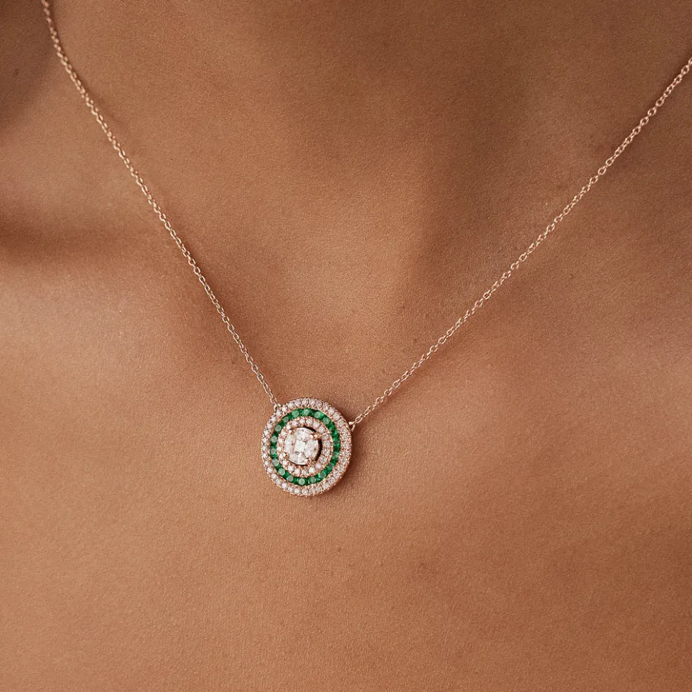 14K Gold Round Diamond Emerald Necklace