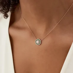 14K Gold Round Diamond Emerald Necklace