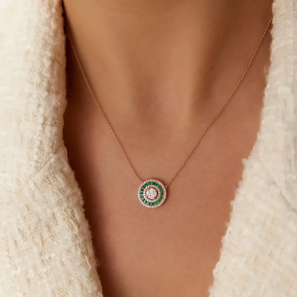 14K Gold Round Diamond Emerald Necklace