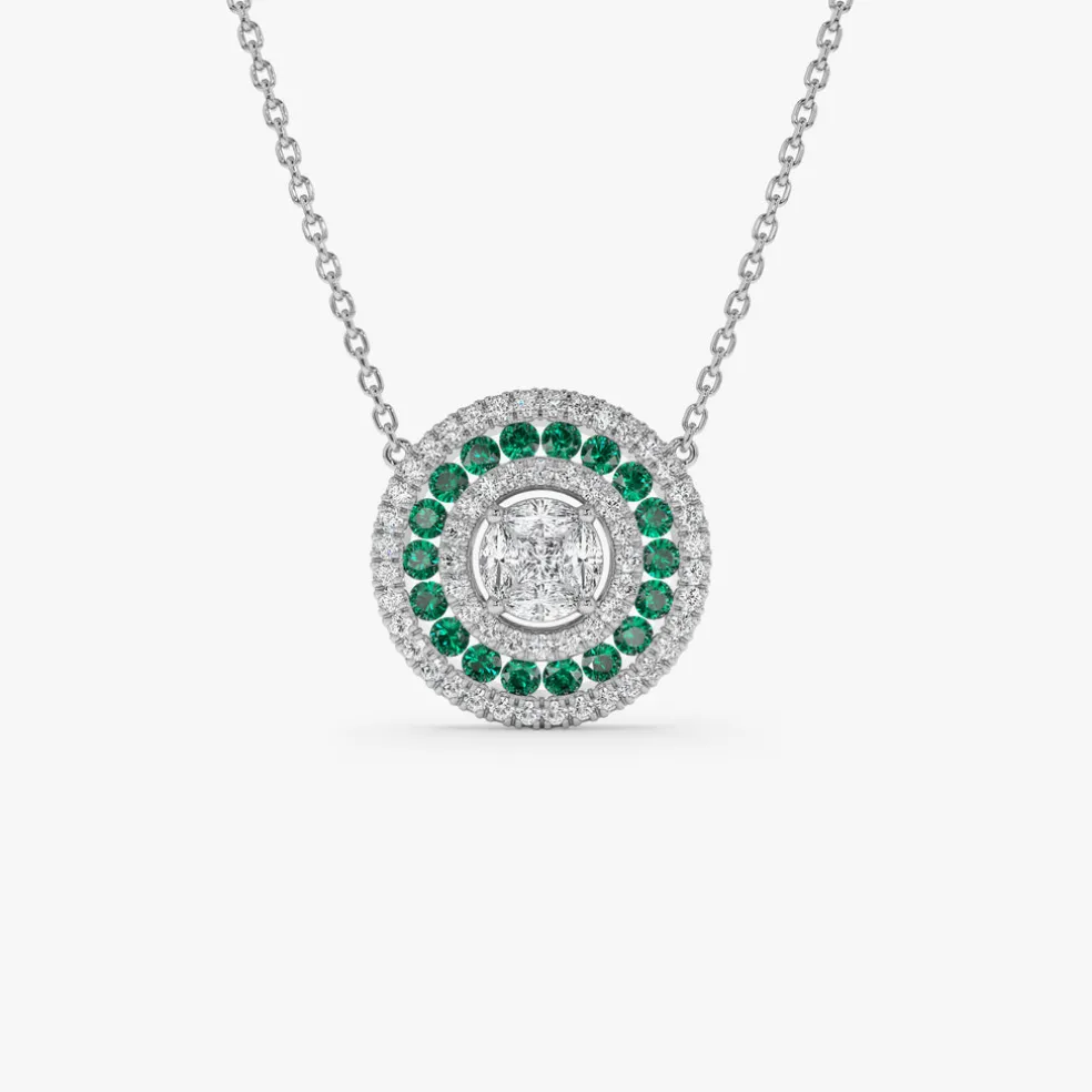 14K Gold Round Diamond Emerald Necklace