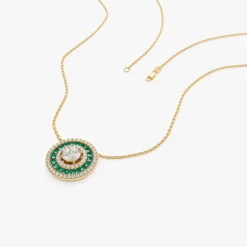 14K Gold Round Diamond Emerald Necklace