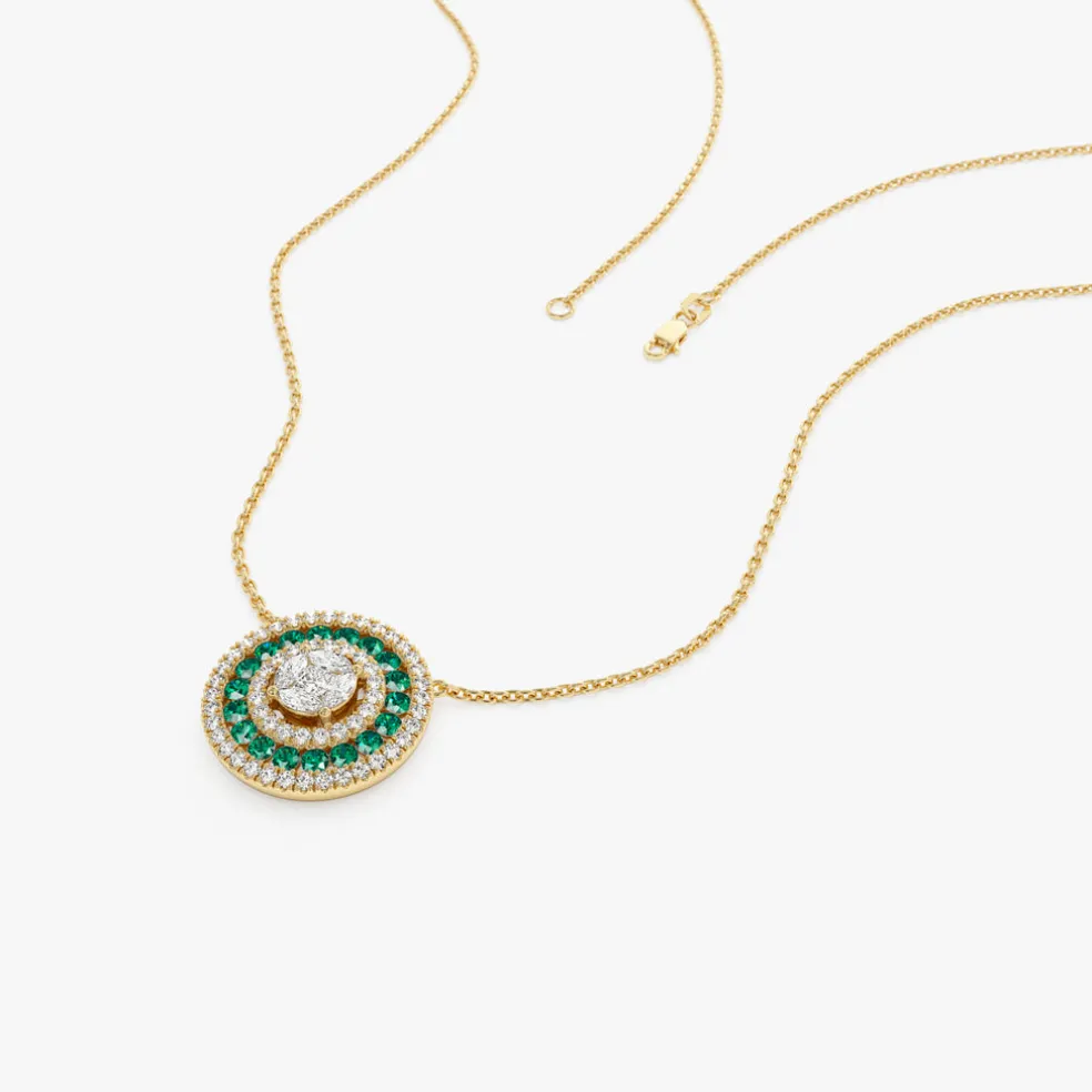 14K Gold Round Diamond Emerald Necklace
