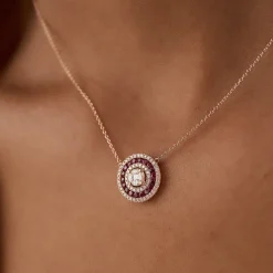 14K Gold Round Diamond Ruby Necklace