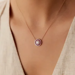 14K Gold Round Diamond Ruby Necklace
