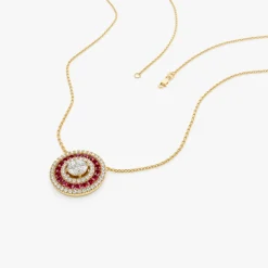 14K Gold Round Diamond Ruby Necklace