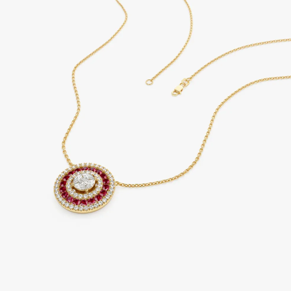 14K Gold Round Diamond Ruby Necklace