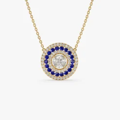 14K Gold Round Diamond Sapphire Necklace