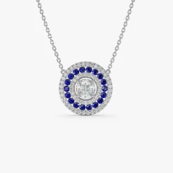 14K Gold Round Diamond Sapphire Necklace