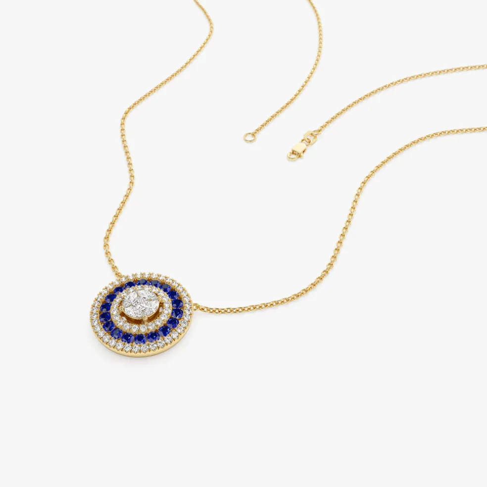 14K Gold Round Diamond Sapphire Necklace