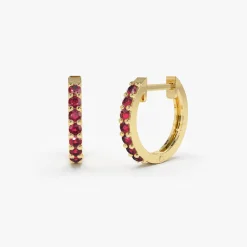 14K Gold Ruby Huggie Hoop Earrings