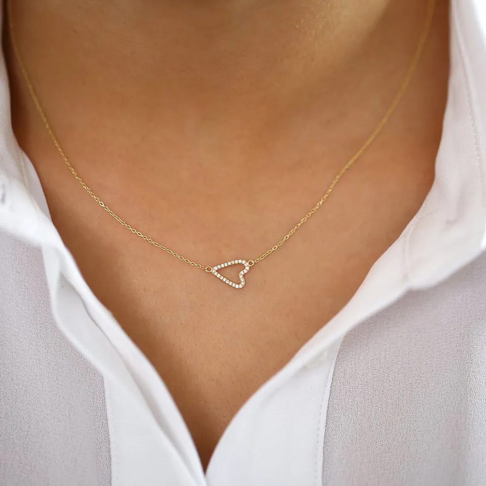 14K Gold Sideways Diamond Heart in Micro Pave Setting