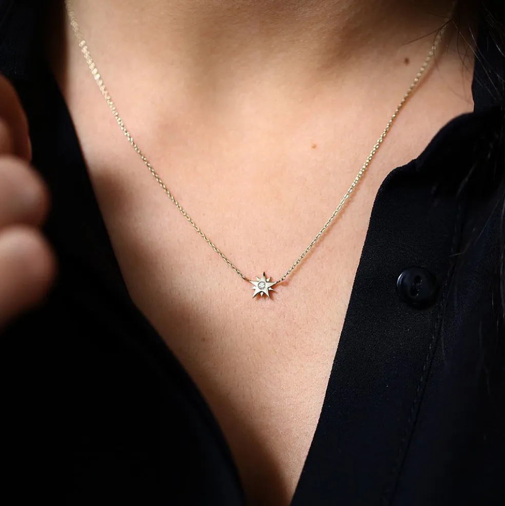 14K Gold Single Diamond Star Necklace
