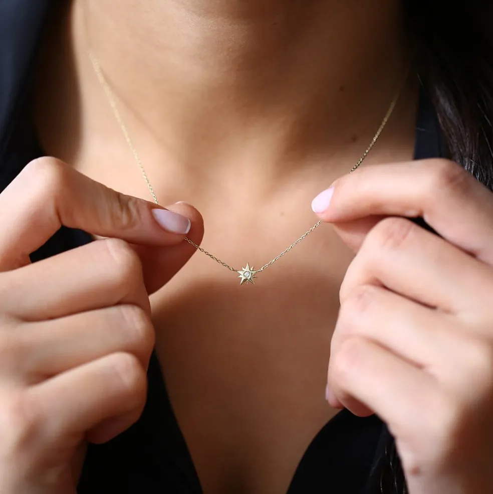 14K Gold Single Diamond Star Necklace