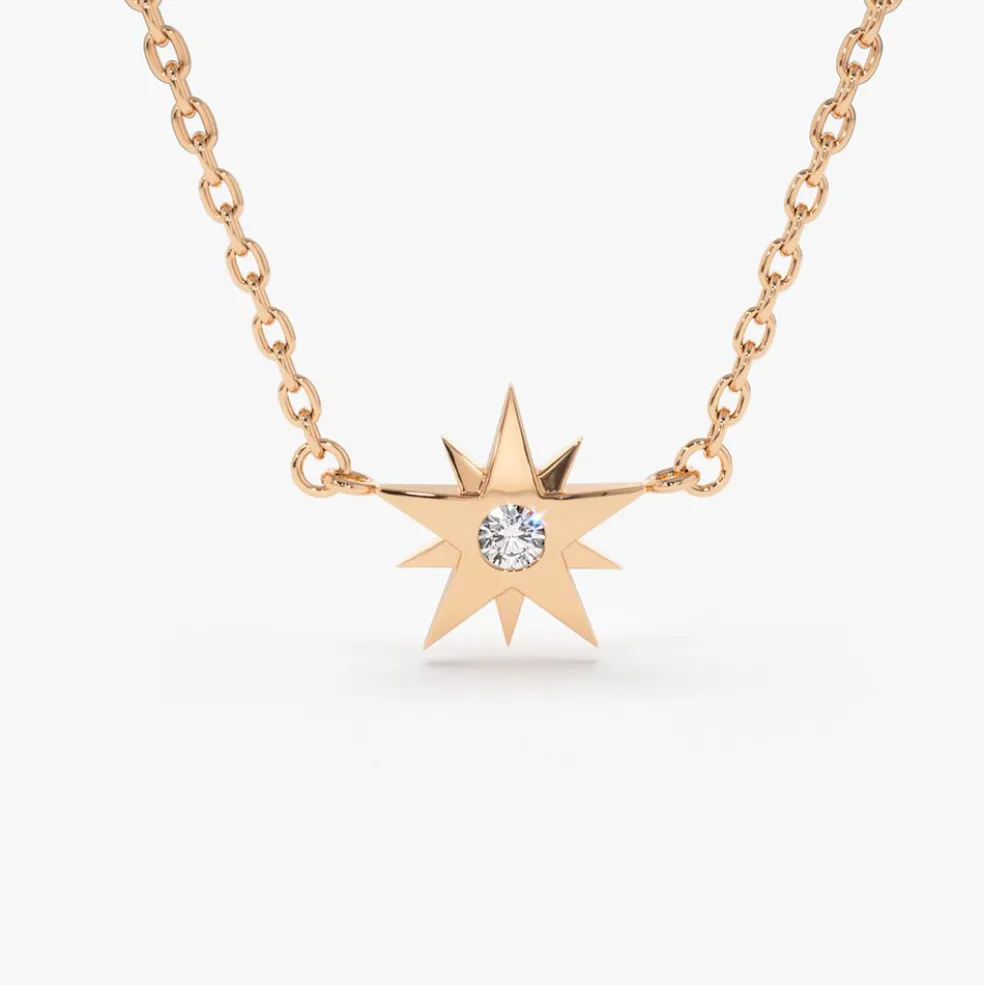 14K Gold Single Diamond Star Necklace