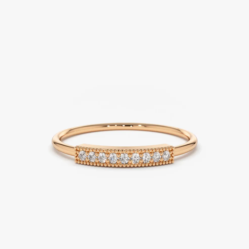 14K Gold Single Row Pave Diamond Ring