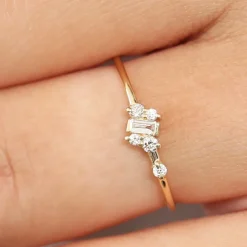 14K Gold Slanted Baguette and Round Diamond Ring