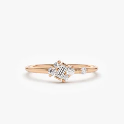 14K Gold Slanted Baguette and Round Diamond Ring