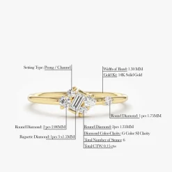 14K Gold Slanted Baguette and Round Diamond Ring