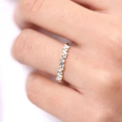 14K Gold Slanted Baguette and Round Diamond Ring