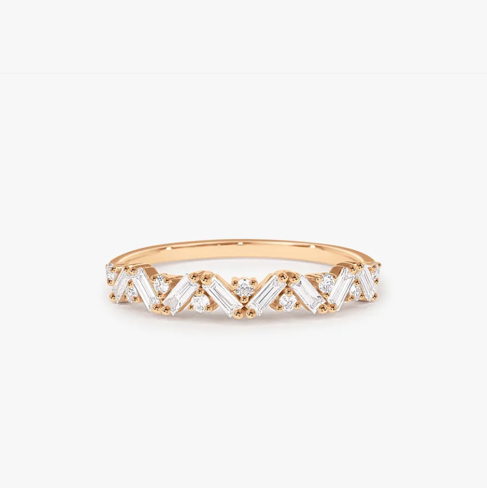 14K Gold Slanted Baguette and Round Diamond Ring