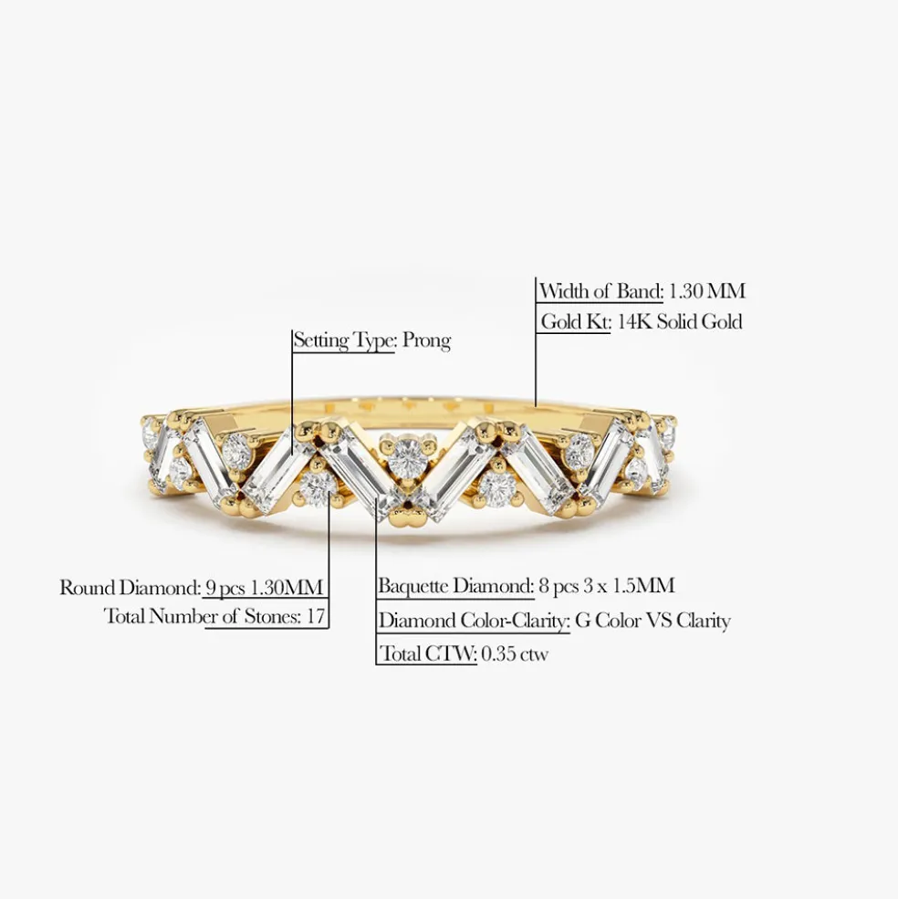 14K Gold Slanted Baguette and Round Diamond Ring
