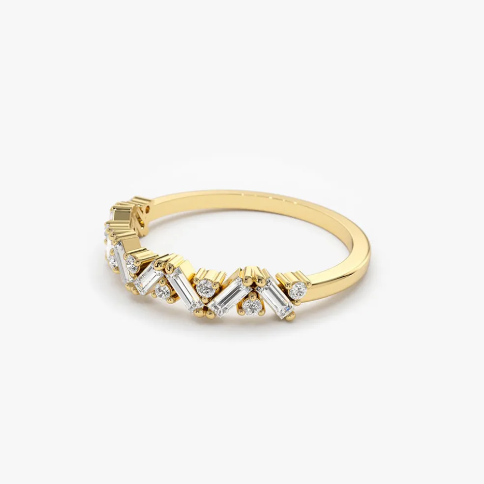 14K Gold Slanted Baguette and Round Diamond Ring