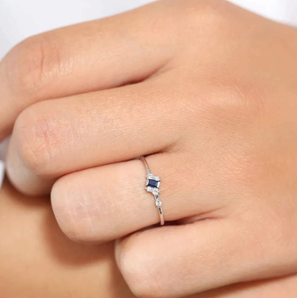 14K Gold Slanted Baguette Sapphire Ring
