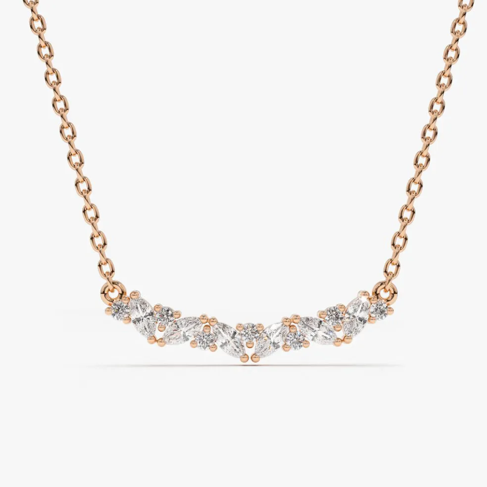 14K Gold Slanted Marquise and Round Diamond Necklace