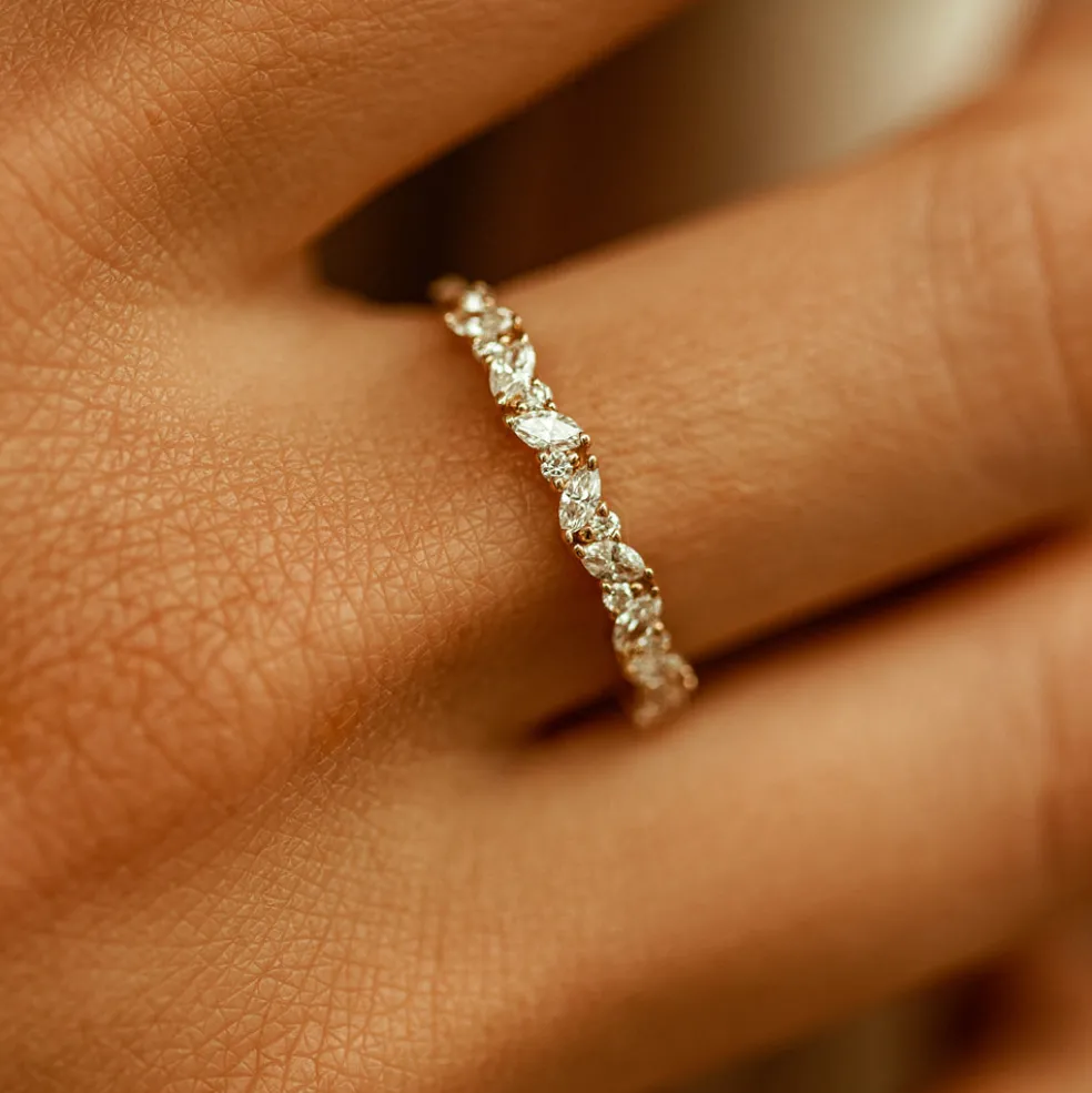14K Gold Slanted Marquise and Round Diamond Ring