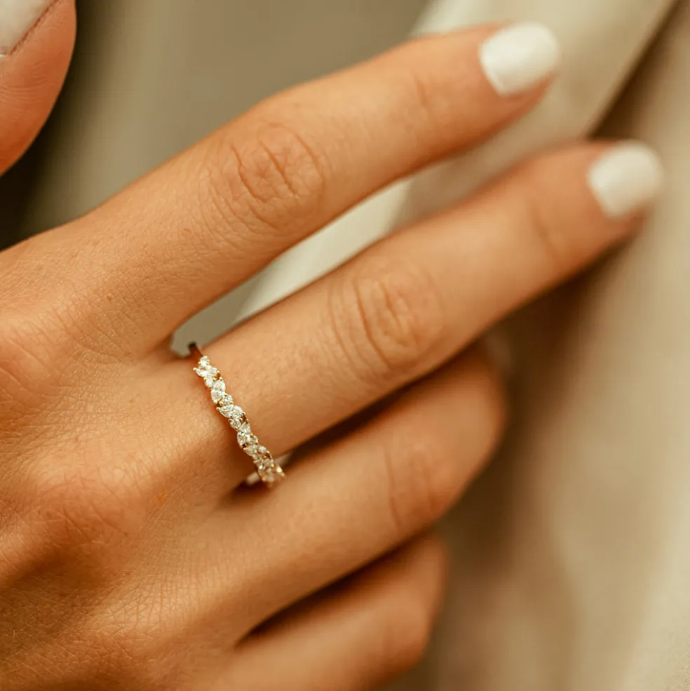 14K Gold Slanted Marquise and Round Diamond Ring