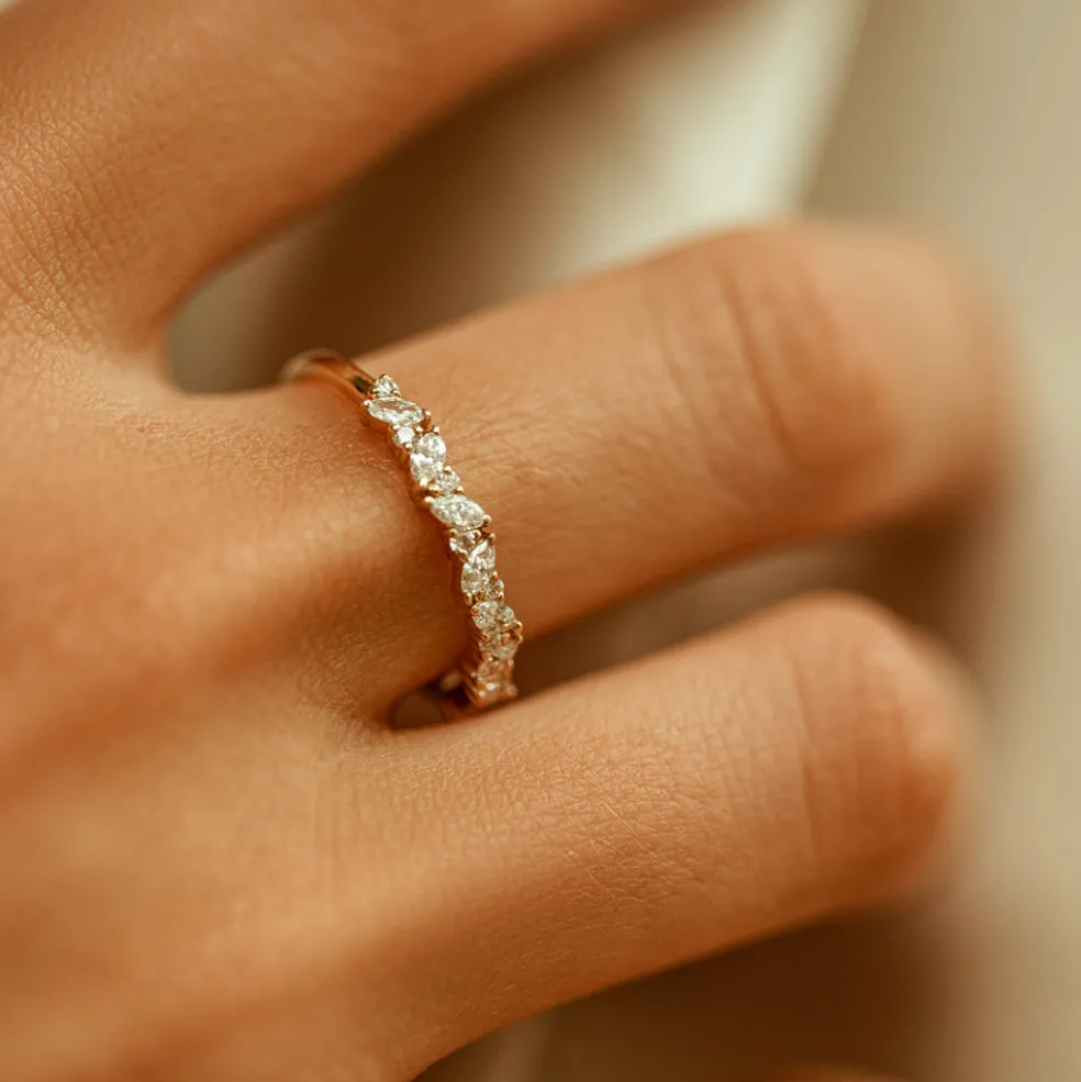 14K Gold Slanted Marquise and Round Diamond Ring