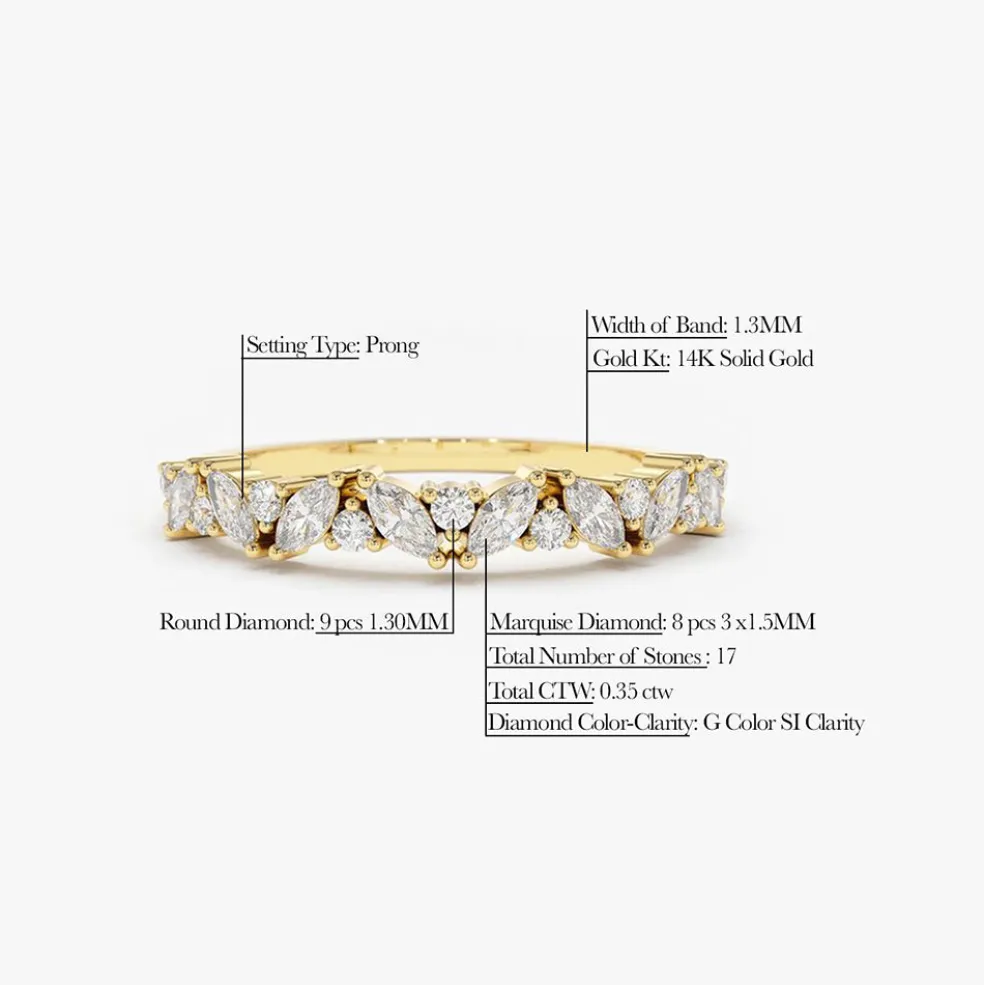 14K Gold Slanted Marquise and Round Diamond Ring