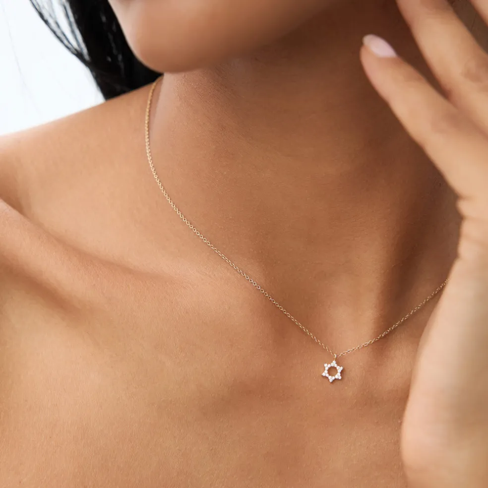 14K Gold Star of David Diamond Necklace