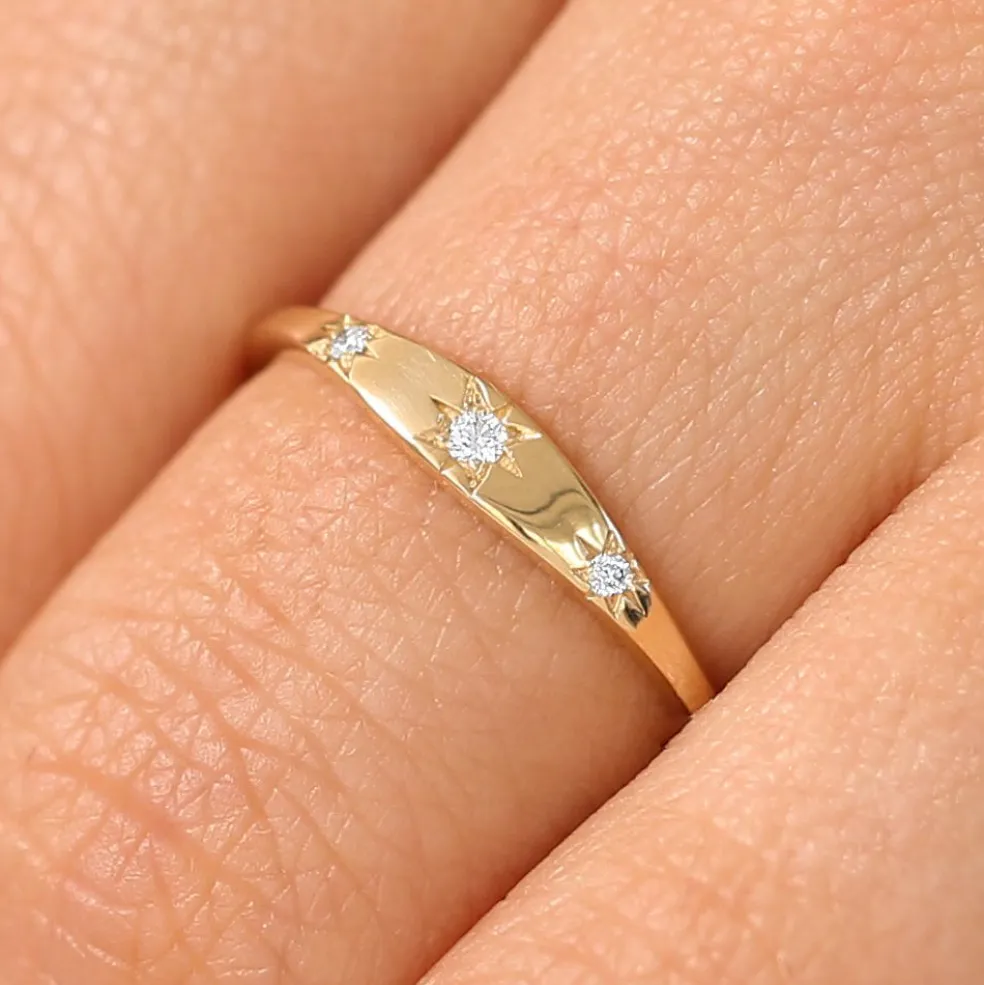 14K Gold Star Setting 3 Diamond Stacking Ring